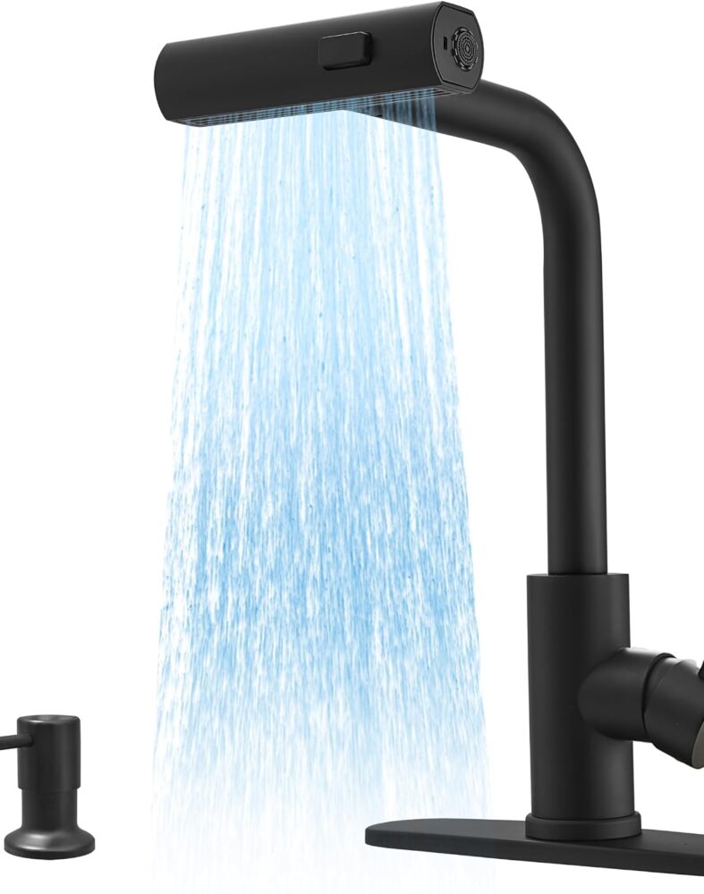 JOOM Black Waterfall Kitchen Faucet with Pull Down Sprayer & Soap Dispenser